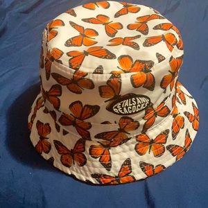 White Bucket hat w/ orange & black butterflies